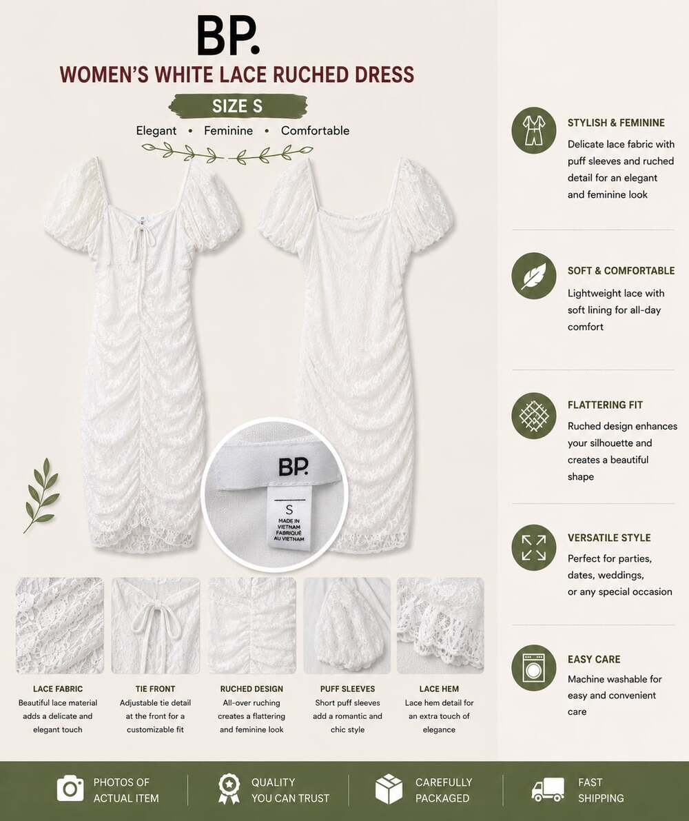 BP. Women's White Lace Ruched Puff Sleeve Mini Dress